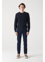 Avva Men's Navy Blue Double Collar Detailed Textured Cotton Regular Fit Knitwear Sweater