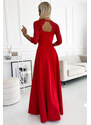 numoco AMBER - Elegantní červené dlouhé dámské krajkové šaty s výstřihem a rozparkem na noze 309-8