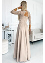 Elegantní béžové krajkové dlouhé dámské šaty s výstřihem a rozparkem na model 19314039 - numoco