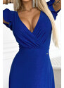numoco CRYSTAL - Dlouhé lesklé dámské šaty v chrpové barvě s výstřihem 411-9