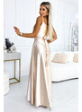 numoco JULIET - Elegantní dlouhé béžové dámské saténové šaty s výstřihem a rozparkem na noze 512-3