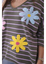 K-Fashion Pruhovaná bavlněná halenka s květinou khaki+fialová