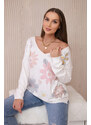 K-Fashion Svetrová halenka s barevnými květy růžová+šedá