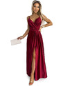 numoco JULIET - Elegantní dlouhé dámské saténové šaty ve vínové bordó barvě s výstřihem a rozparkem na noze 512-6