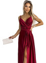 numoco JULIET - Elegantní dlouhé dámské saténové šaty ve vínové bordó barvě s výstřihem a rozparkem na noze 512-6