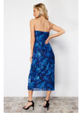 Trendyol Navy Blue Printed Tulle Lined Strapless Midi Knitted Dress