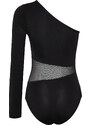 Trendyol Black Tulle Detailed Asymmetric Collar Stretchy Snap Knitted Body