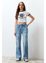 Trendyol Blue Pocket Detailed High Waist Wide Leg Jeans