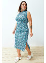Trendyol Curve Blue Printed Fitted One-Shoulder Asymmetric Gathering and Detail Knitted Dress