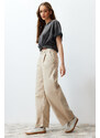 Trendyol Beige Pleated High Waist Seasonal Wide Leg Jeans