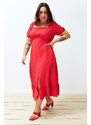 Trendyol Curve Red Crew Neck Skirt Ruffle Woven Dress