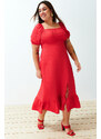 Trendyol Curve Red Crew Neck Skirt Ruffle Woven Dress