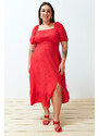 Trendyol Curve Red Crew Neck Skirt Ruffle Woven Dress