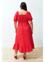 Trendyol Curve Red Crew Neck Skirt Ruffle Woven Dress