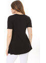 Şans Women's Plus Size Black Chest Gathered Detail V-Neck Short Sleeve Blouse