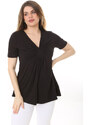 Şans Women's Plus Size Black Chest Gathered Detail V-Neck Short Sleeve Blouse