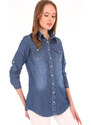 Bigdart 3411 Double Pocket? Checkered Denim Shirt - Dark Blue