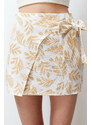 Trendyol Mink Patterned Tie Detail Double Breasted Mini Length Woven Linen Look Skirt