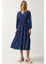 Happiness İstanbul Women's Navy Blue Wrapover Neck Polka Dot Knitted Dress