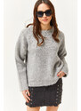 Olalook Women's Gray Stone Detailed Soft Textured Thick Knitwear Sweater