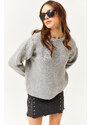 Olalook Women's Gray Stone Detailed Soft Textured Thick Knitwear Sweater