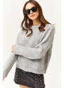 Olalook Women's Gray Stone Detailed Soft Textured Thick Knitwear Sweater