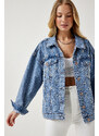 Happiness İstanbul Women's Light Blue Pearl Embroidered Denim Jacket