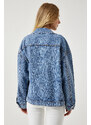 Happiness İstanbul Women's Light Blue Pearl Embroidered Denim Jacket