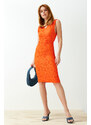 Trendyol Orange Body Fitted Moon Sleeve Mini Textured Flexible Knitted Mini Dress