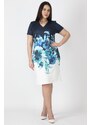 Şans Women's Plus Size Navy Blue Floral Pattern Dress