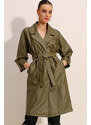 Bigdart 1034 Belted Faux Leather Trench Coat - Khaki