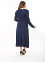 Şans Women's Plus Size Navy Blue Kiss Collar Long Sleeve Dress