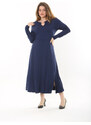 Şans Women's Plus Size Navy Blue Kiss Collar Long Sleeve Dress