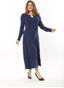 Şans Women's Plus Size Navy Blue Kiss Collar Long Sleeve Dress