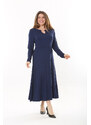 Şans Women's Plus Size Navy Blue Kiss Collar Long Sleeve Dress