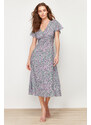 Trendyol Green Floral Pattern A-Line V Neck 100% Viscose Woven Midi Dress