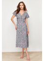 Trendyol Green Floral Pattern A-Line V Neck 100% Viscose Woven Midi Dress