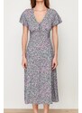 Trendyol Green Floral Pattern A-Line V Neck 100% Viscose Woven Midi Dress