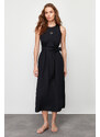 Trendyol Navy Belted 100% Cotton Poplin Pocket Midi Woven Dress