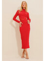 Trend Alaçatı Stili Women's Red High Collar Draped Waist Tulle Detailed Midi Dress