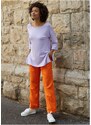 bonprix Zkrácené lněné kalhoty s vysokým pasem a elastickou vsadkou Oranžová