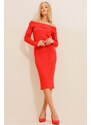Trend Alaçatı Stili Women's Red Madonna Collar Knitted Dress