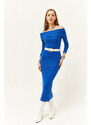 Olalook Women's Saks Blue Madonna Collar Lycra Long Dress