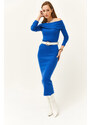 Olalook Women's Saks Blue Madonna Collar Lycra Long Dress