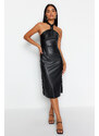 Trendyol Black Fitted Midi Faux Leather Woven Dress