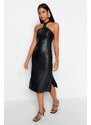 Trendyol Black Fitted Midi Faux Leather Woven Dress