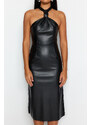 Trendyol Black Fitted Midi Faux Leather Woven Dress