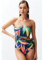 Trendyol Floral Patterned Strapless Cut Out/Windowed Regular Swimsuit