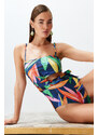 Trendyol Floral Patterned Strapless Cut Out/Windowed Regular Swimsuit