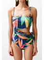 Trendyol Floral Patterned Strapless Cut Out/Windowed Regular Swimsuit